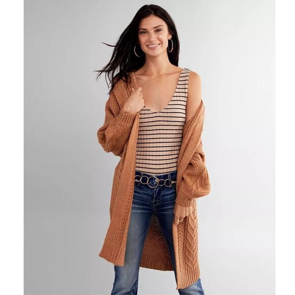 BKE- Buckle- Chunky Knit Cardigan Pecan Cable Knit Long Cardigan Sweater Large - Picture 1 of 11